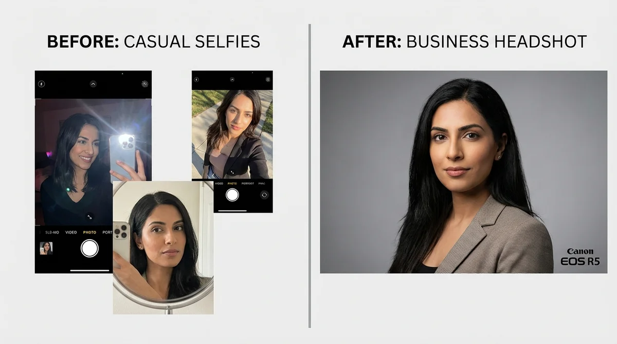 Before and after: casual selfies transformed into professional business headshot