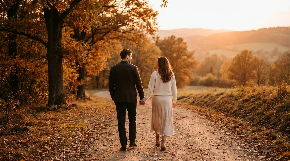 Couple walking hand in hand on autumn path