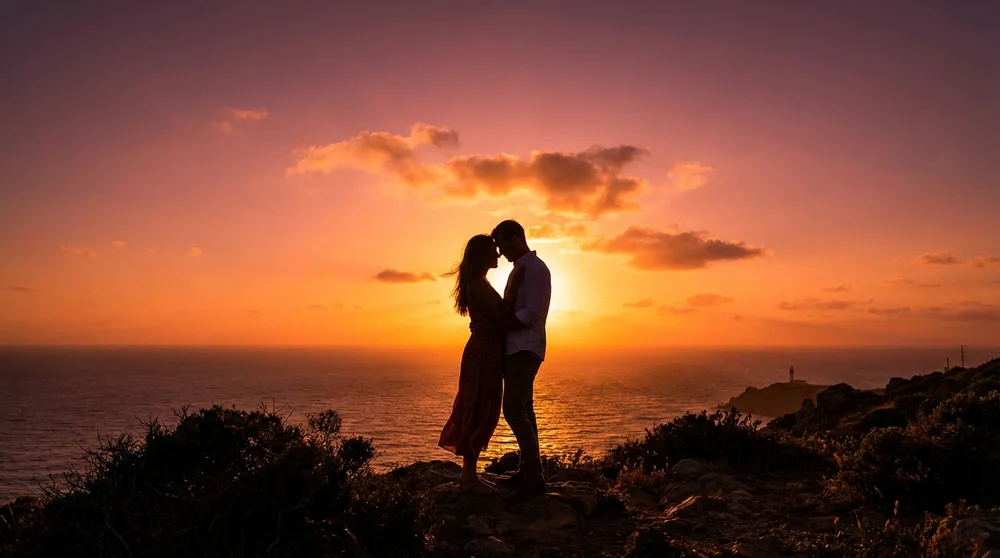 Couple silhouette against dramatic sunset over ocean