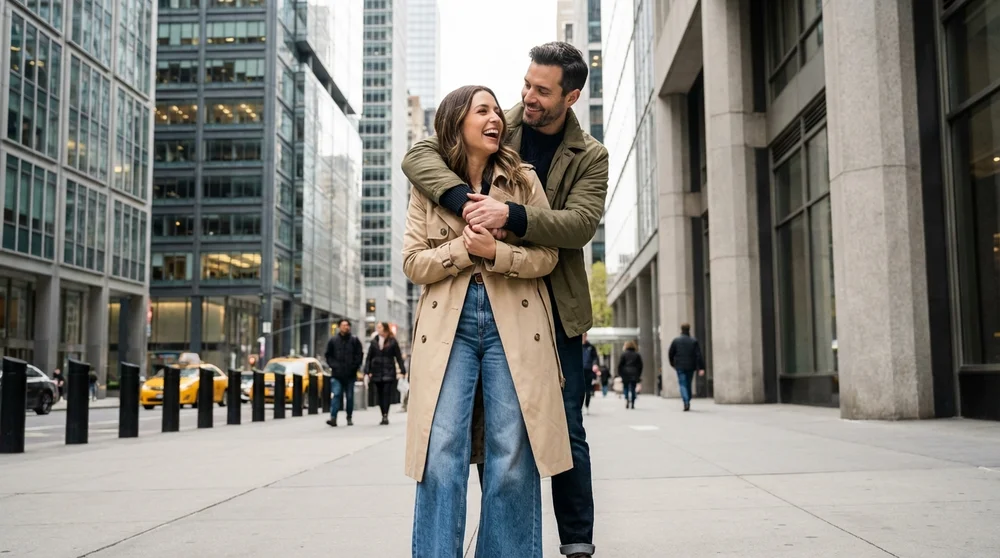 Stylish couple hugging in city setting