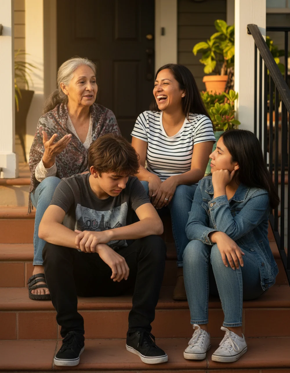 Hispanic multi-generational family on porch steps