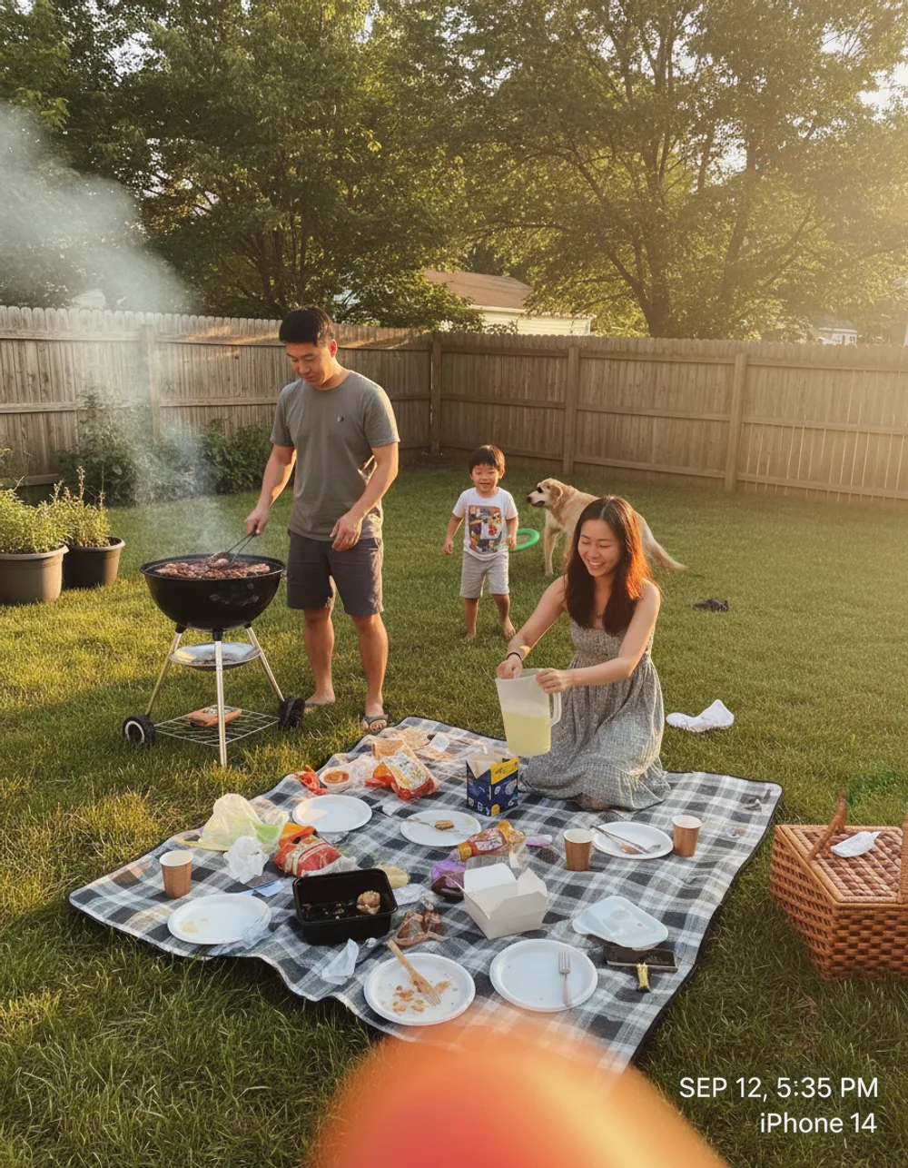 Asian family backyard BBQ picnic
