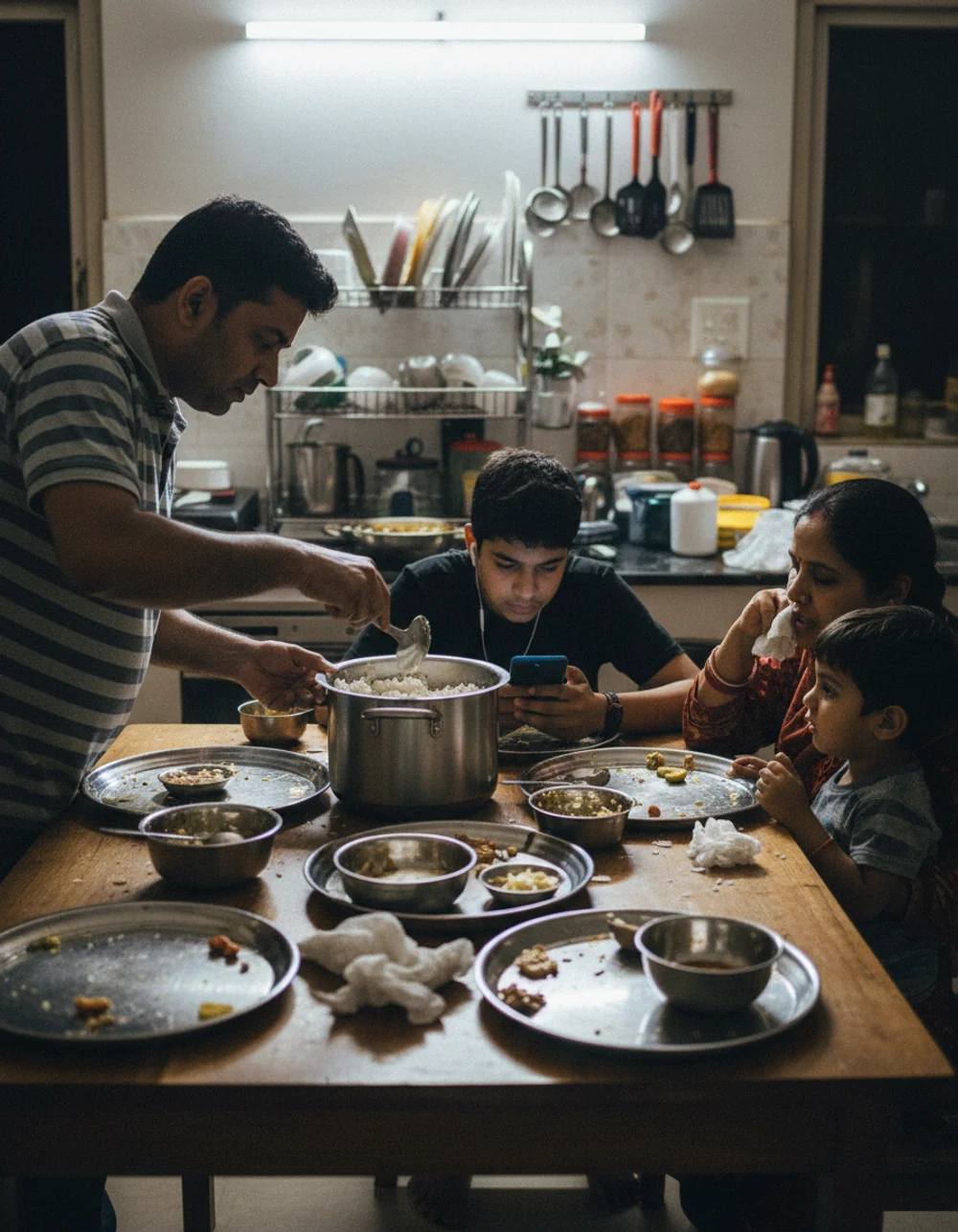 Indian family dinner in messy kitchen