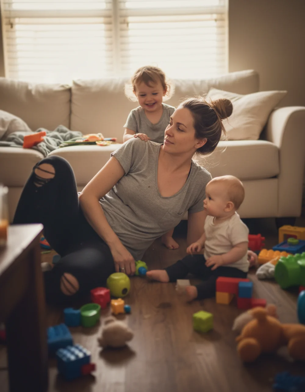 Exhausted mom on floor with toddlers