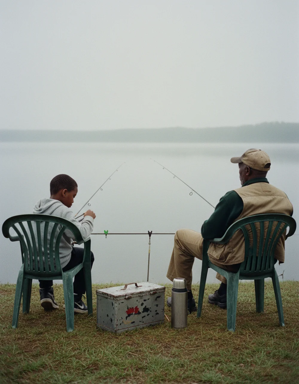Grandfather and grandson fishing at lake