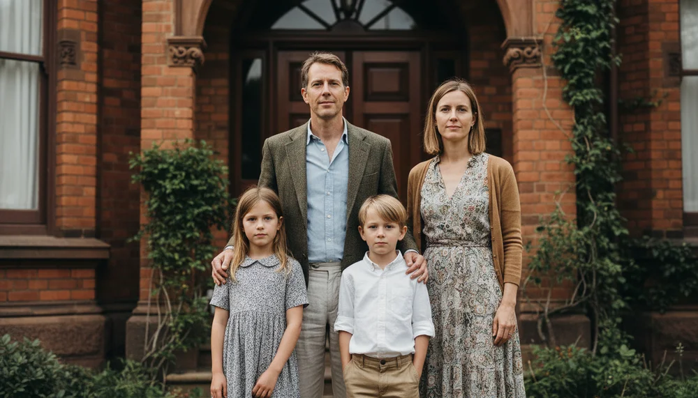 Formal family portrait - Caucasian family standing in front of Victorian house