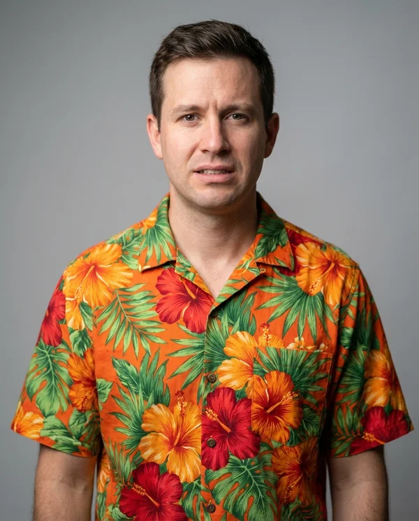Headshot with distracting Hawaiian pattern