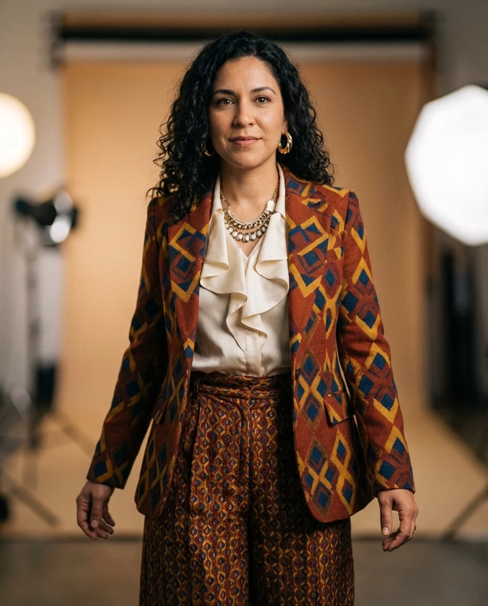 Creative style - bold patterned blazer with statement jewelry